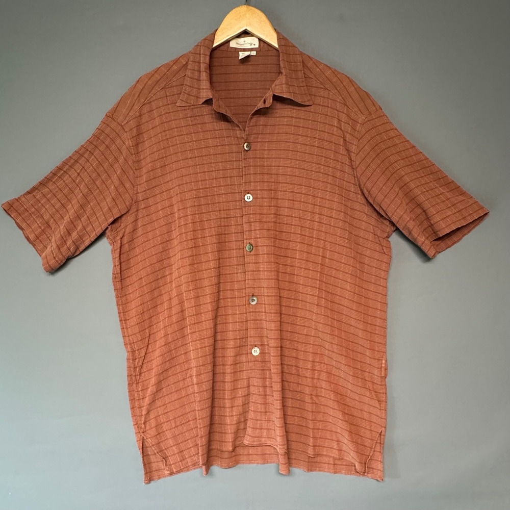 Ermenegildo Zegna Mens XL Rust Cotton Seersucker Short Sleeve Button Down Shirt